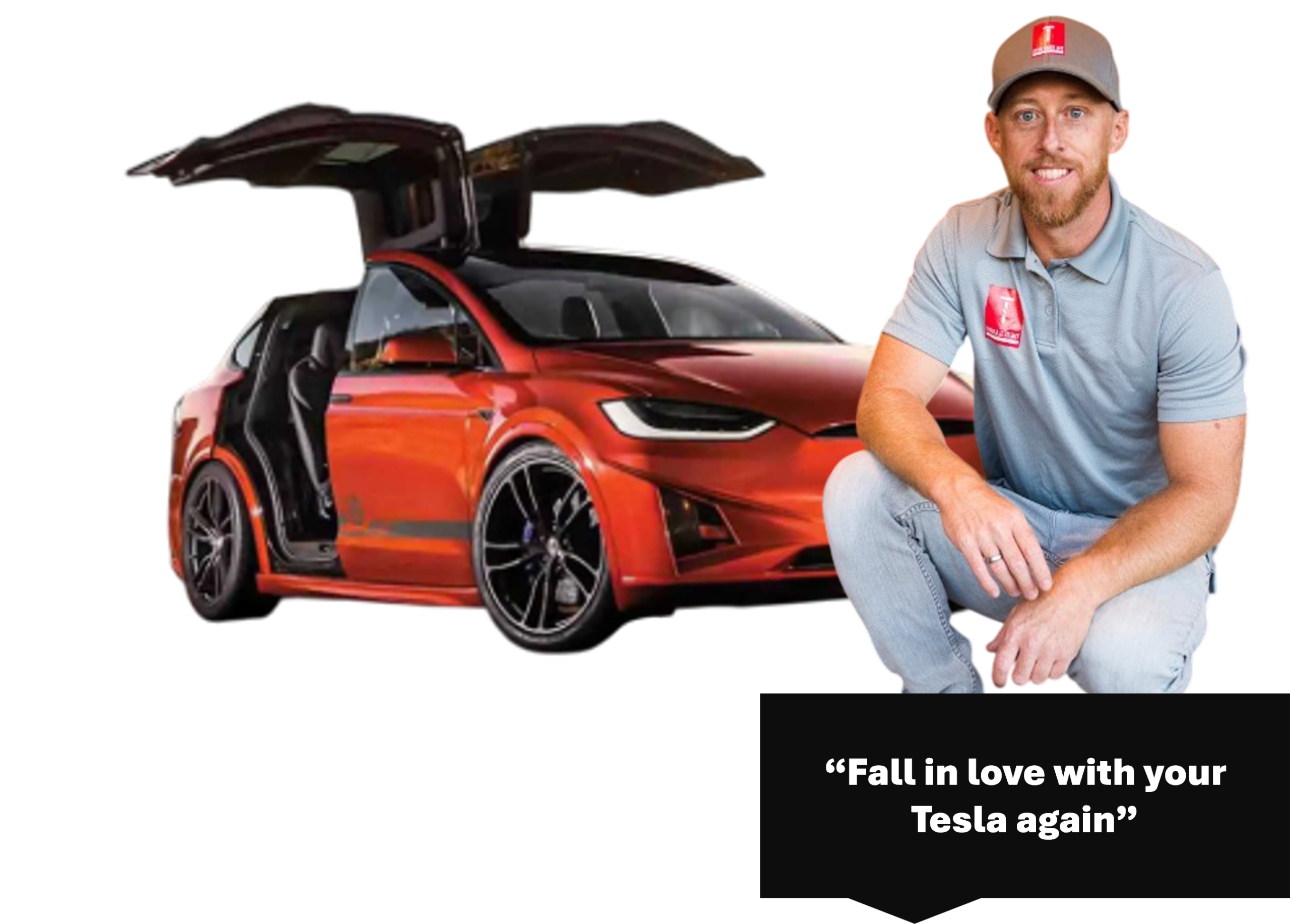 Technician kneeling near a tesla. After Tela paint repair in phoenix, AZ