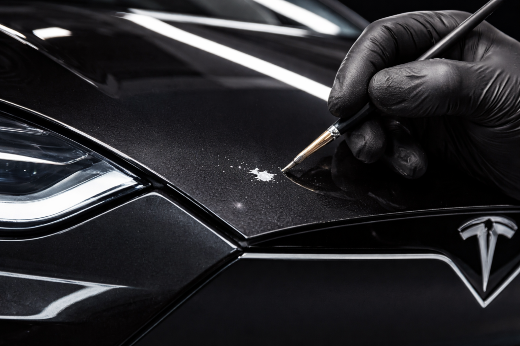 Tesla Model X rock chip repair on black hood with technician applying touch-up paint