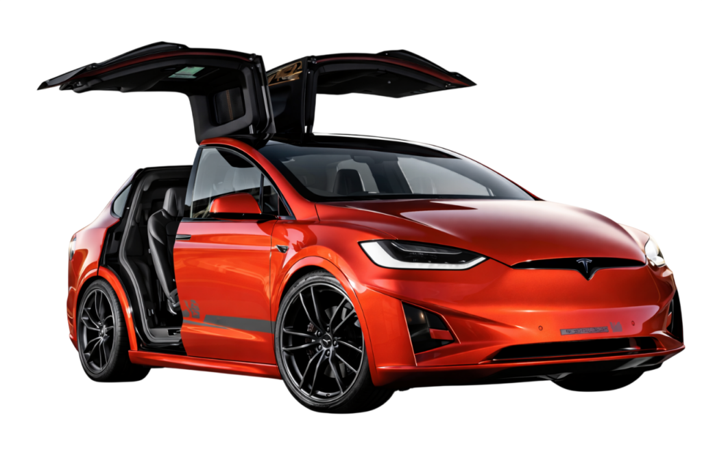 Red Tesla Model X with falcon wing doors open used as an example of Tesla vehicles we repair
