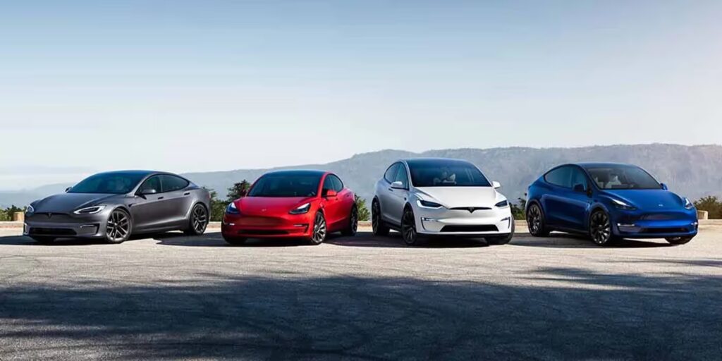 Tesla Model S, Model 3, Model X, and Model Y parked together representing the Tesla models we repair